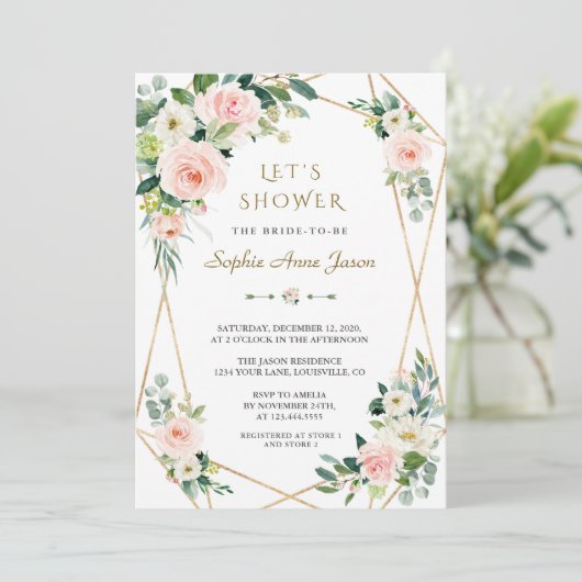 ラグジュアリーピンクホワイトフラワーズ金ゴールドフレームブライダルシャワー 招待状 (スタンド正面)