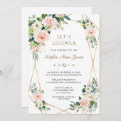 ラグジュアリーピンクホワイトフラワーズ金ゴールドフレームブライダルシャワー 招待状 (正面/裏面)