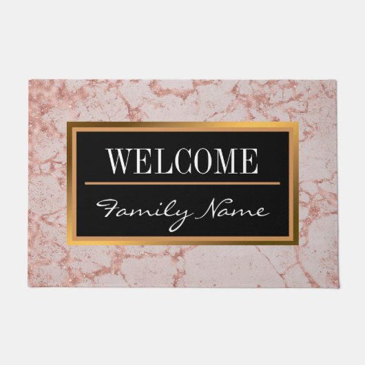 ラグジュアリーピンクローズ赤面グリッターマーブルカスタマイズ ドアマット (正面)
