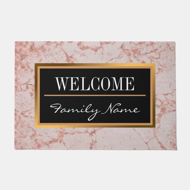 ラグジュアリーピンクローズ赤面グリッターマーブルカスタマイズ ドアマット (正面)