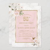 ラグジュアリーピンク赤面フラワーズマーブル50誕生日 招待状 (正面/裏面)