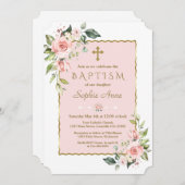 ラグジュアリーピンク赤面フラワーズ金ゴールドクロスバプテスマ 招待状 (正面/裏面)