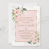 ラグジュアリーピンク赤面フラワーズ金ゴールドマーブルガールバプテスマ 招待状 (正面)