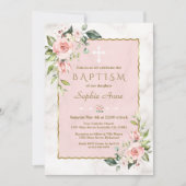 ラグジュアリーピンク赤面フラワーズ金ゴールドマーブルバプテスマ 招待状 (正面)
