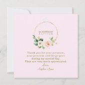 ラグジュアリーピンク赤面フローラ1st誕生日とバプテスマ サンキューカード (裏面)