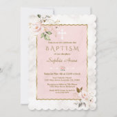 ラグジュアリーピンク赤面金ゴールドフラワーズマーブルバプテスマ 招待状 (正面)