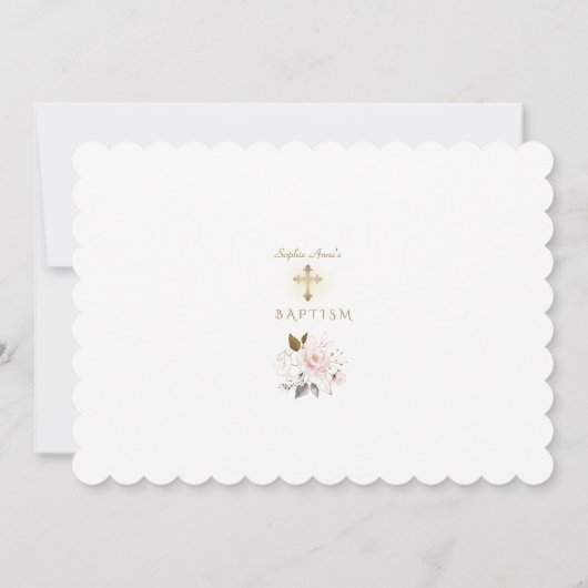 ラグジュアリーピンク赤面金ゴールドフローラフォトガールバプテスマ 招待状 (裏面)