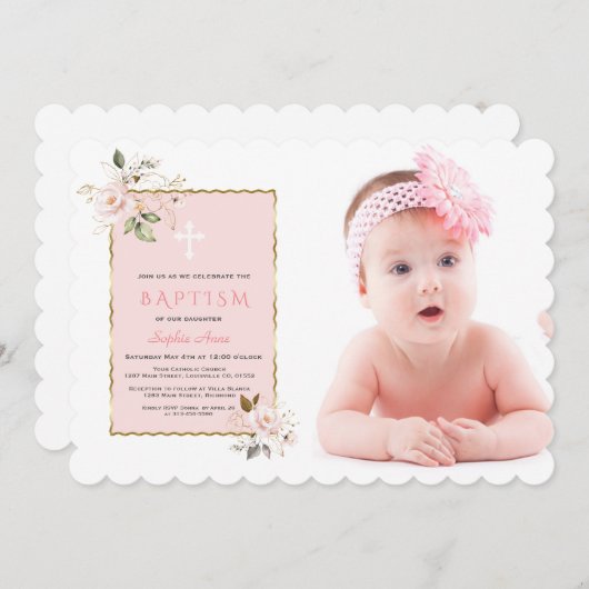 ラグジュアリーピンク赤面金ゴールドフローラフォトガールバプテスマ 招待状 (正面/裏面)