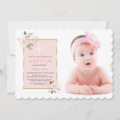 ラグジュアリーピンク赤面金ゴールドフローラフォトガールバプテスマ 招待状 (正面)