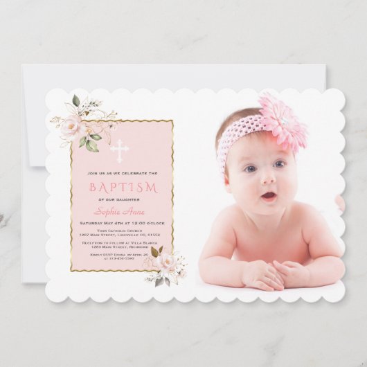 ラグジュアリーピンク赤面金ゴールドフローラフォトガールバプテスマ 招待状 (正面)