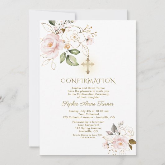 ラグジュアリーピンク金ゴールドフローラガール確認 招待状 (正面)