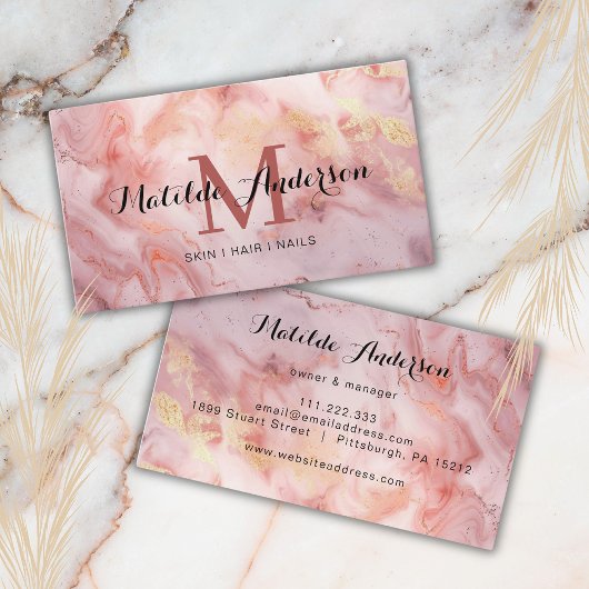 ラグジュアリーピンク金ゴールドマーブルアゲートモノグラムモダン 名刺