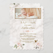 ラグジュアリーピンク金ゴールド花大理石ガールフォトバプテスマ 招待状 (正面/裏面)