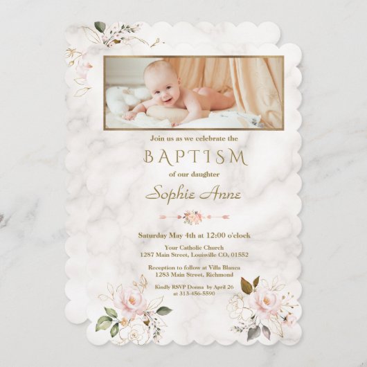 ラグジュアリーピンク金ゴールド花大理石ガールフォトバプテスマ 招待状 (正面/裏面)