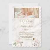 ラグジュアリーピンク金ゴールド花大理石ガールフォトバプテスマ 招待状 (正面)