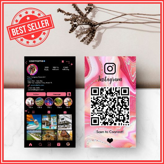 ラグジュアリーピンク&ブラックインスタグラムマーブルアゲートQR 名刺