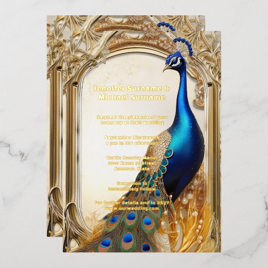 ラグジュアリーピーコックカントリーウェディングインディアンシック 箔招待状 (正面/裏面)