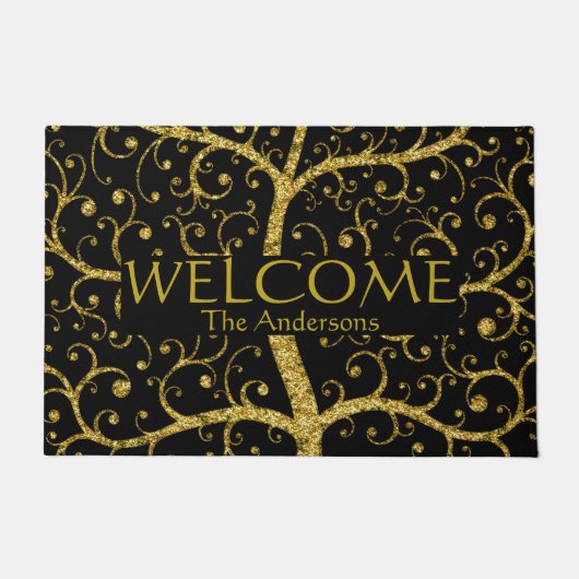 ラグジュアリーファミリーツリーネームブラックパーソナライズされた金ゴールド ドアマット (正面)