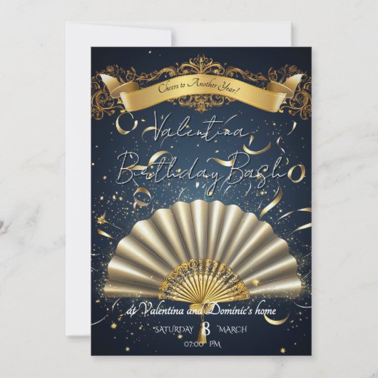 ラグジュアリーファンをテーマにした誕生日 | 金ゴールド&ネイビーエレガンス 招待状 (正面)