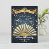 ラグジュアリーファンをテーマにした誕生日 | 金ゴールド&ネイビーエレガンス 招待状 (スタンド正面)