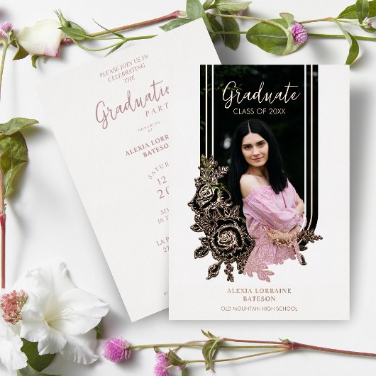 ラグジュアリーファンシートレンディーフローラアーチ卒業パーティー 箔招待状