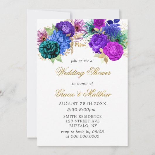 ラグジュアリーフィエスタピーコック金ゴールドウェディングシャワー招待状 (正面)