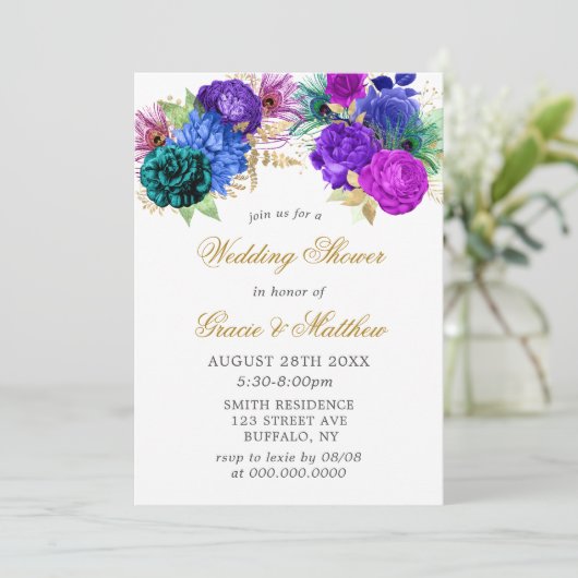 ラグジュアリーフィエスタピーコック金ゴールドウェディングシャワー招待状 (スタンド正面)