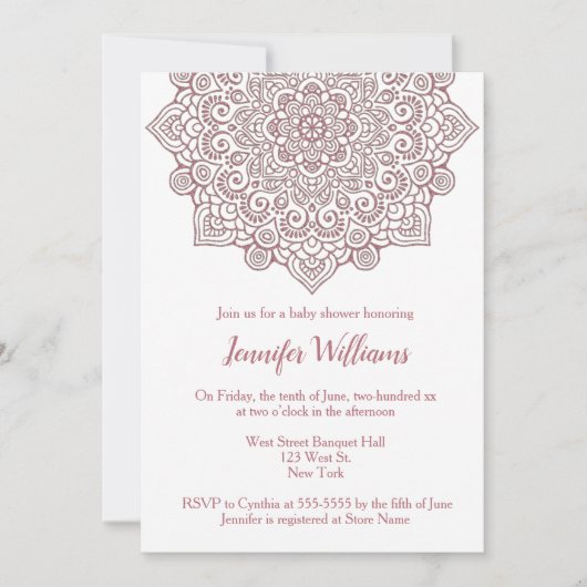 ラグジュアリーフェイクローズ金ゴールドマンダラホワイトベビーシャワー 招待状 (正面)