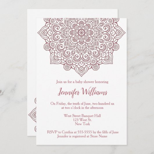 ラグジュアリーフェイクローズ金ゴールドマンダラホワイトベビーシャワー 招待状 (正面/裏面)