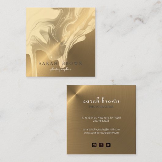 ラグジュアリーフェイク金ゴールドブラッシングメタルクリーム大理石ドリップ スクエア名刺 (正面/裏面)