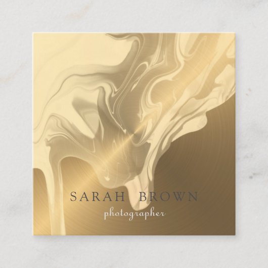 ラグジュアリーフェイク金ゴールドブラッシングメタルクリーム大理石ドリップ スクエア名刺 (正面)