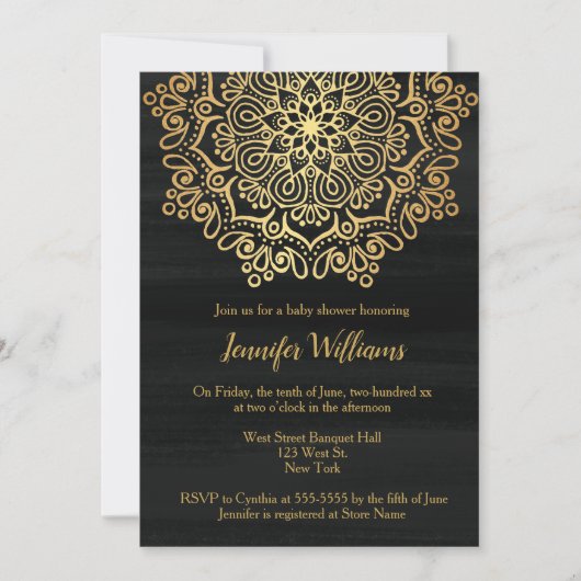 ラグジュアリーフェイク金ゴールドマンダラブラックベビーシャワー 招待状 (正面)