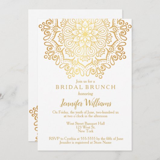 ラグジュアリーフェイク金ゴールドマンダラホワイトブライダルブランチ 招待状 (正面/裏面)