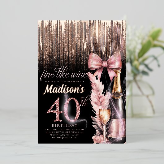 ラグジュアリーフォイル40thバラワインアダルト誕生日 箔招待状 (立ち正面)