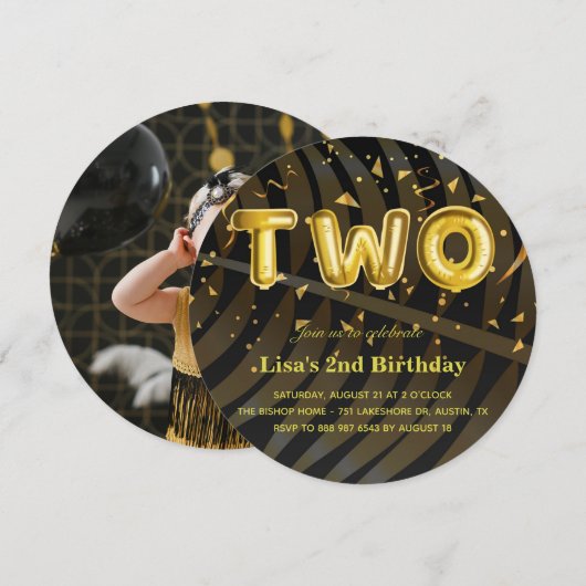 ラグジュアリーフォトブラックと金ゴールド紙吹雪2nd誕生日 招待状 (正面/裏面)