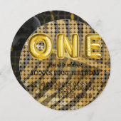 ラグジュアリーフォトブラック&金ゴールドディスコ誕生日 招待状 (正面/裏面)