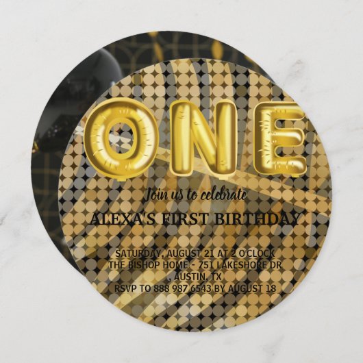 ラグジュアリーフォトブラック&金ゴールドディスコ誕生日 招待状 (正面/裏面)