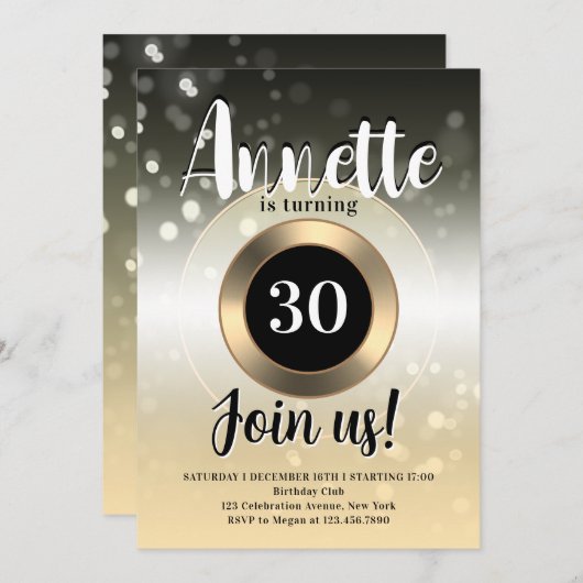 ラグジュアリーフリッターのスパークリー誕生日パーティー 招待状 (正面/裏面)