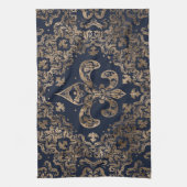 ラグジュアリーフルーアデリスオーナメント-金ゴールドとダークブルー キッチンタオル (縦)