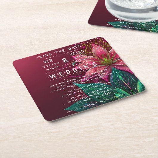 ラグジュアリーフローラ結婚式招待状スイート スクエアペーパーコースター (アングル)