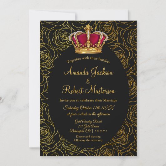 ラグジュアリーフローラ金ゴールドブラックヴィンテージ結婚クラウン 招待状 (正面)