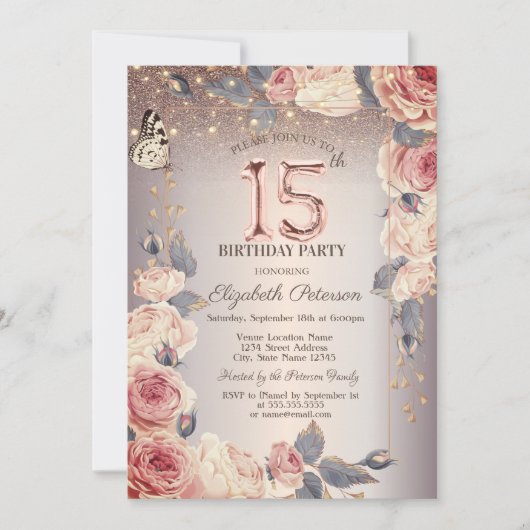 ラグジュアリーフローラ,バタフライ,ライト15誕生日 招待状 (正面)