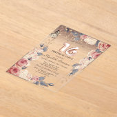 ラグジュアリーフローラ，バタフライ，ライト16誕生日 アクリル招待状 (レイダウン)