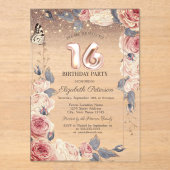 ラグジュアリーフローラ，バタフライ，ライト16誕生日 アクリル招待状 (正面)