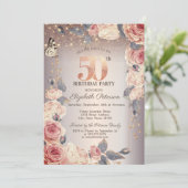 ラグジュアリーフローラ，バタフライ，ライト50誕生日 招待状 (スタンド正面)