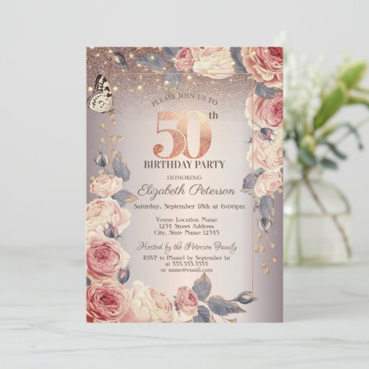 ラグジュアリーフローラ,バタフライ,ライト50誕生日 招待状 (スタンド正面)