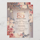 ラグジュアリーフローラ，バタフライ，ライト85誕生日 招待状 (正面/裏面)