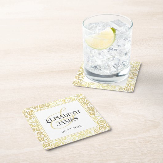 ラグジュアリーフローリッシュシックな冬の白と金ゴールド結婚ズ スクエアペーパーコースター (インサイチュ)