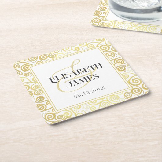ラグジュアリーフローリッシュシックな冬の白と金ゴールド結婚ズ スクエアペーパーコースター (アングル)