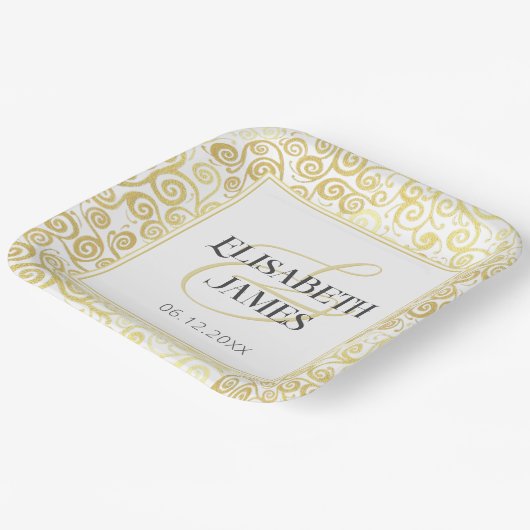 ラグジュアリーフローリッシュシックな冬の白と金ゴールド結婚ズ ペーパープレート (傾斜あり)